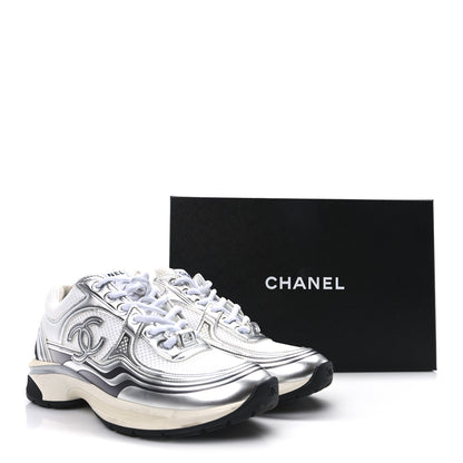 Chanel Fabric Laminated Calfskin Stretch CC Sneakers 39 White Silver 9 of 9