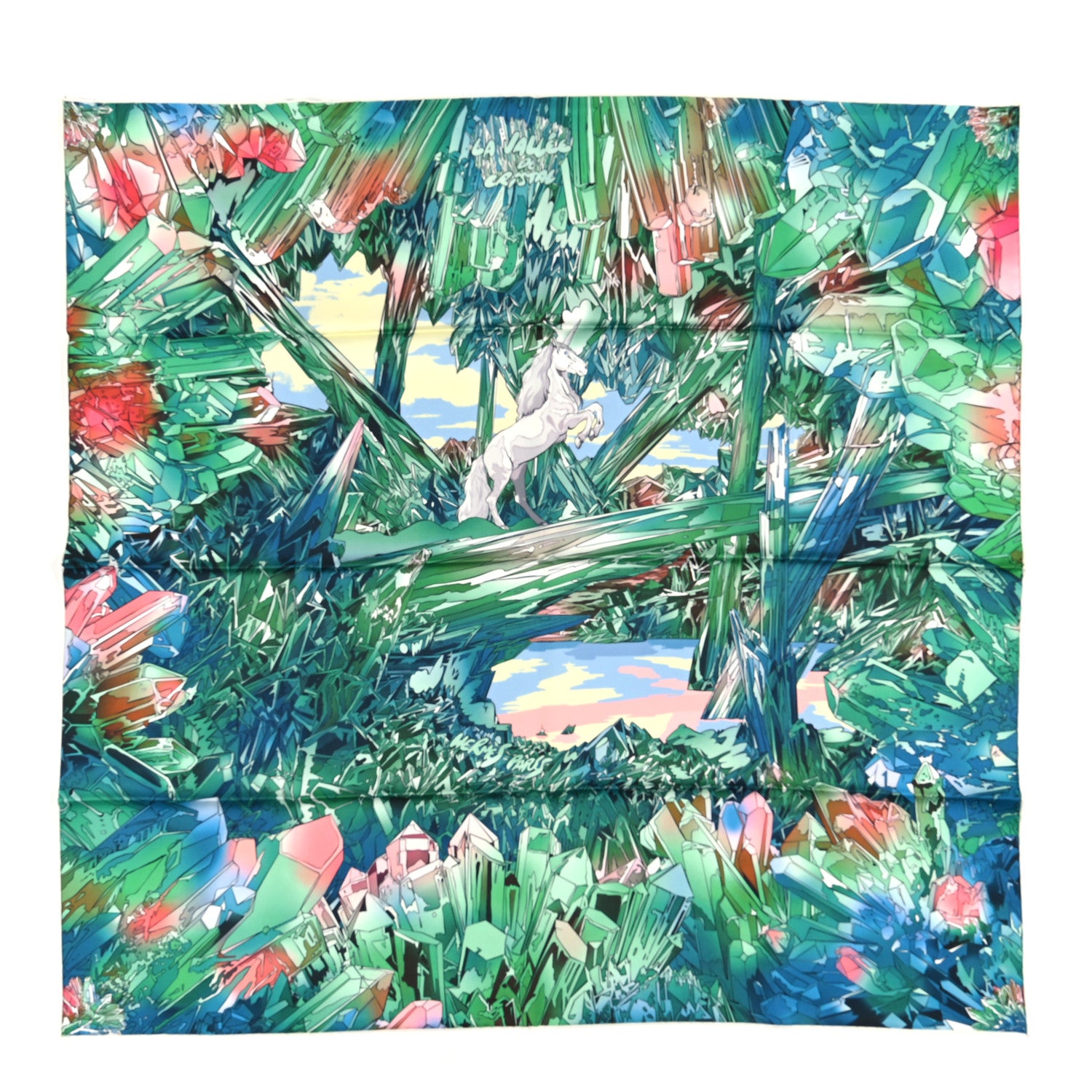 Hermes Silk Twill La Vallee De Cristal Scarf 90 Vert Vif Rose Bleu 1 of 4