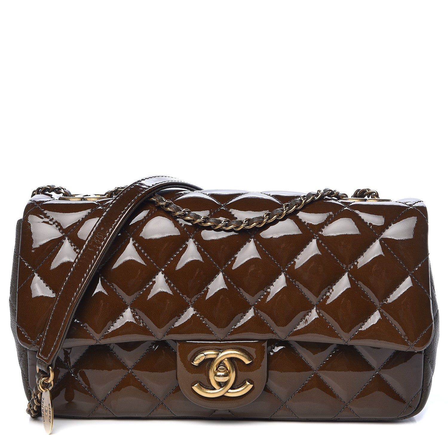 Chanel Patent Goatskin Quilted Medium CC Eyelet Flap Khaki 1 of 10