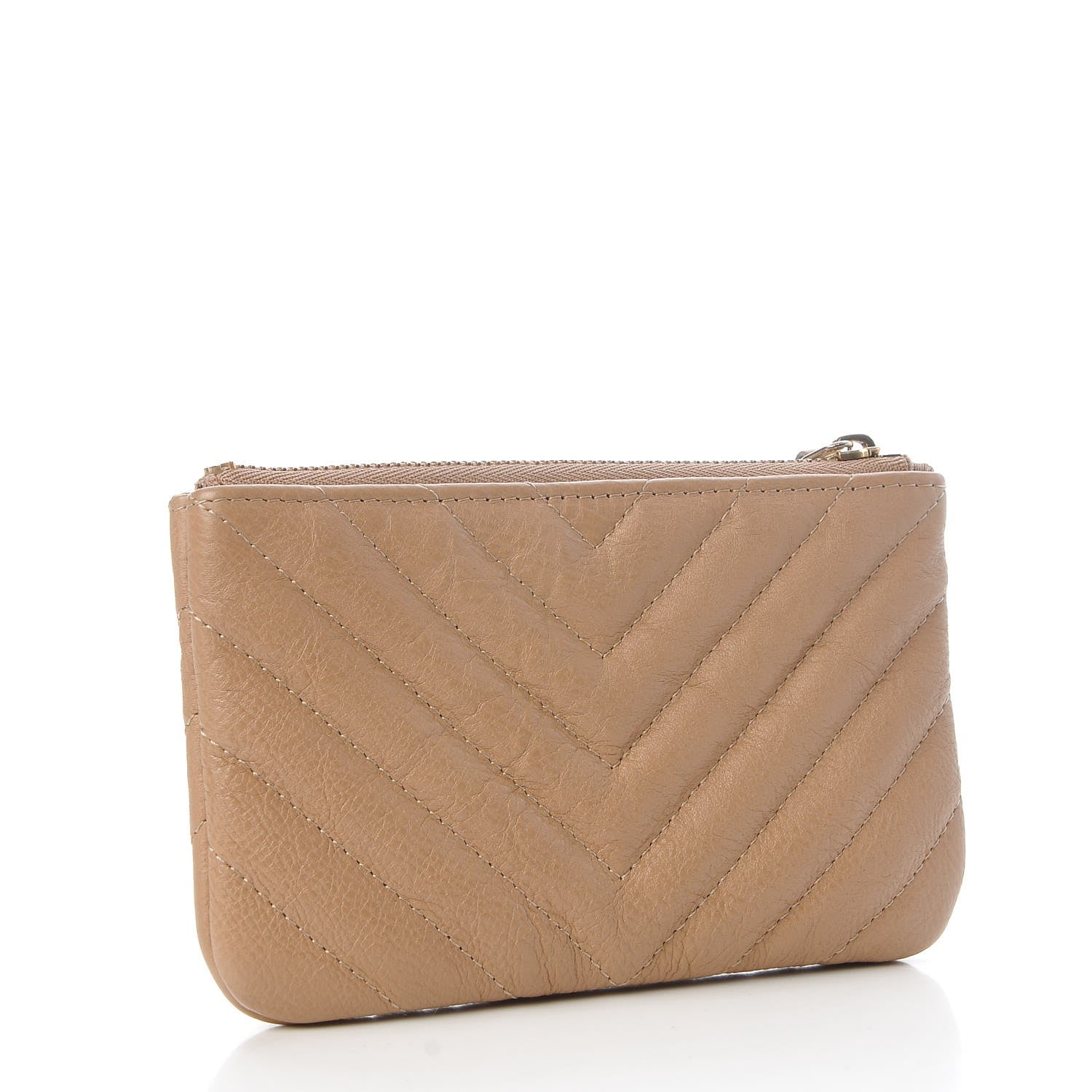 Chanel Crumpled Calfskin Chevron Quilted Small Cosmetic Case Dark Beige 3 of 7