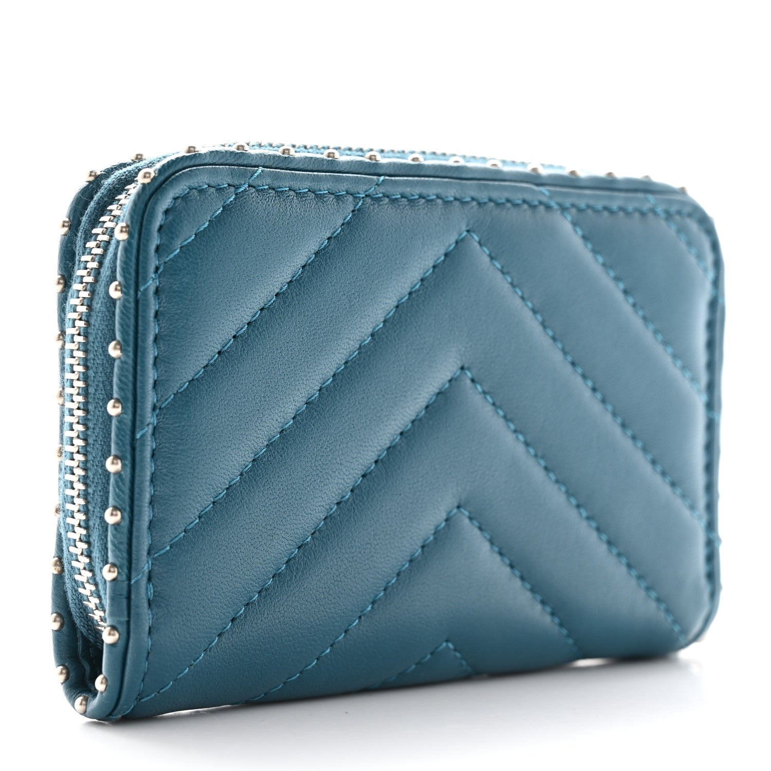 Chanel Lambskin Chevron Quilted Studded Zip Around Coin Purse Blue 3 of 9