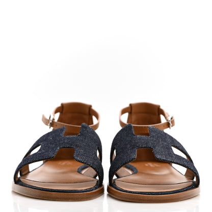 Hermes Denim Santorini Sandals 36.5 Bleu Brut Gold 2 of 8