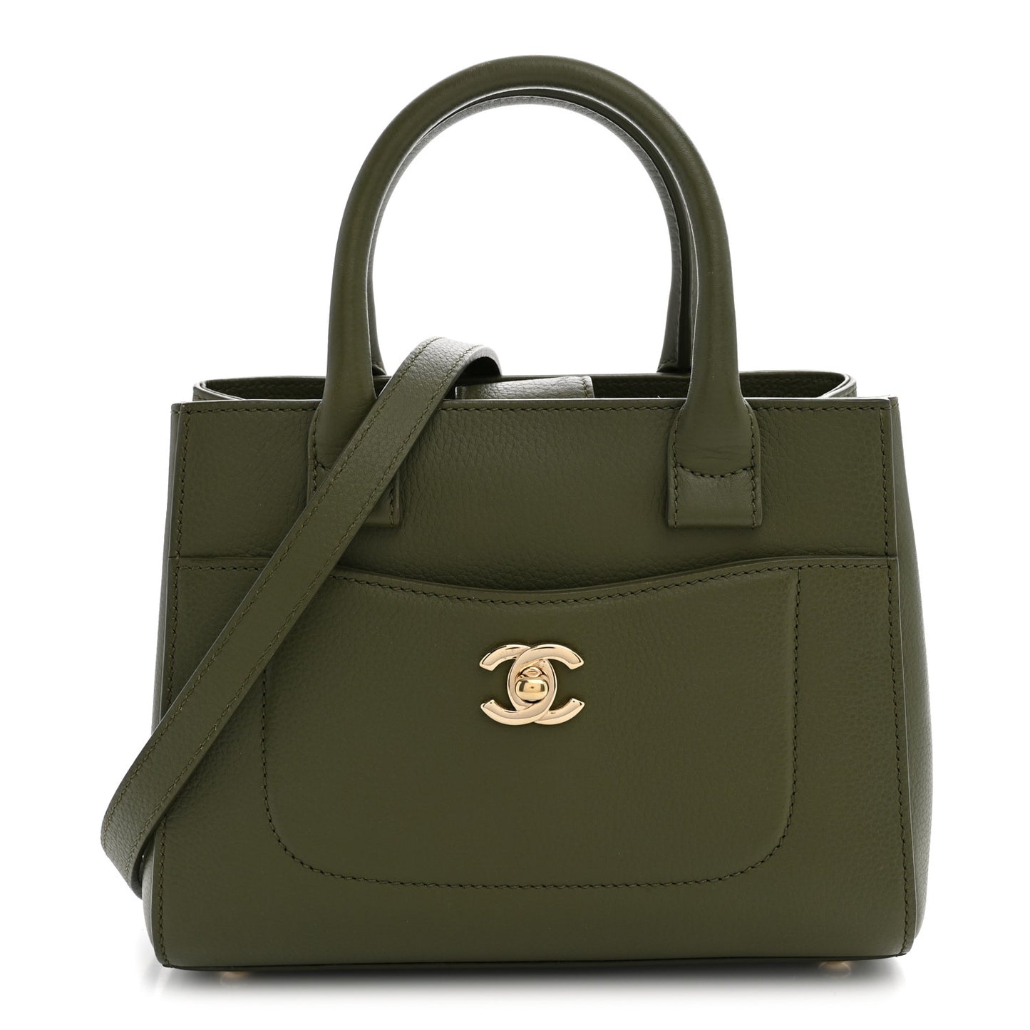 Grained Calfskin Mini Neo Executive Shopper Tote Khaki