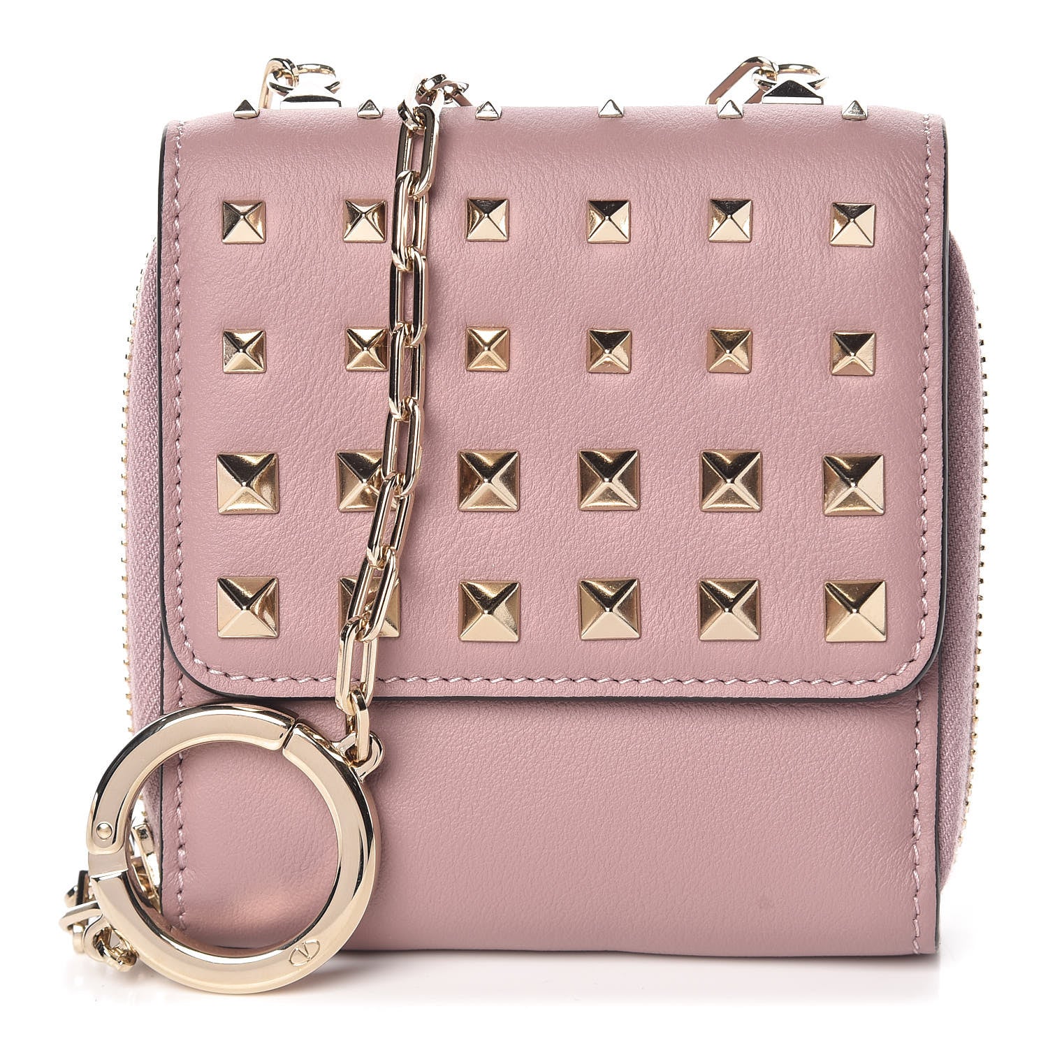 Valentino Garavani Calfskin Rockstud Carry Secrets Compact Wallet With Chain Lipstick 1 of 8