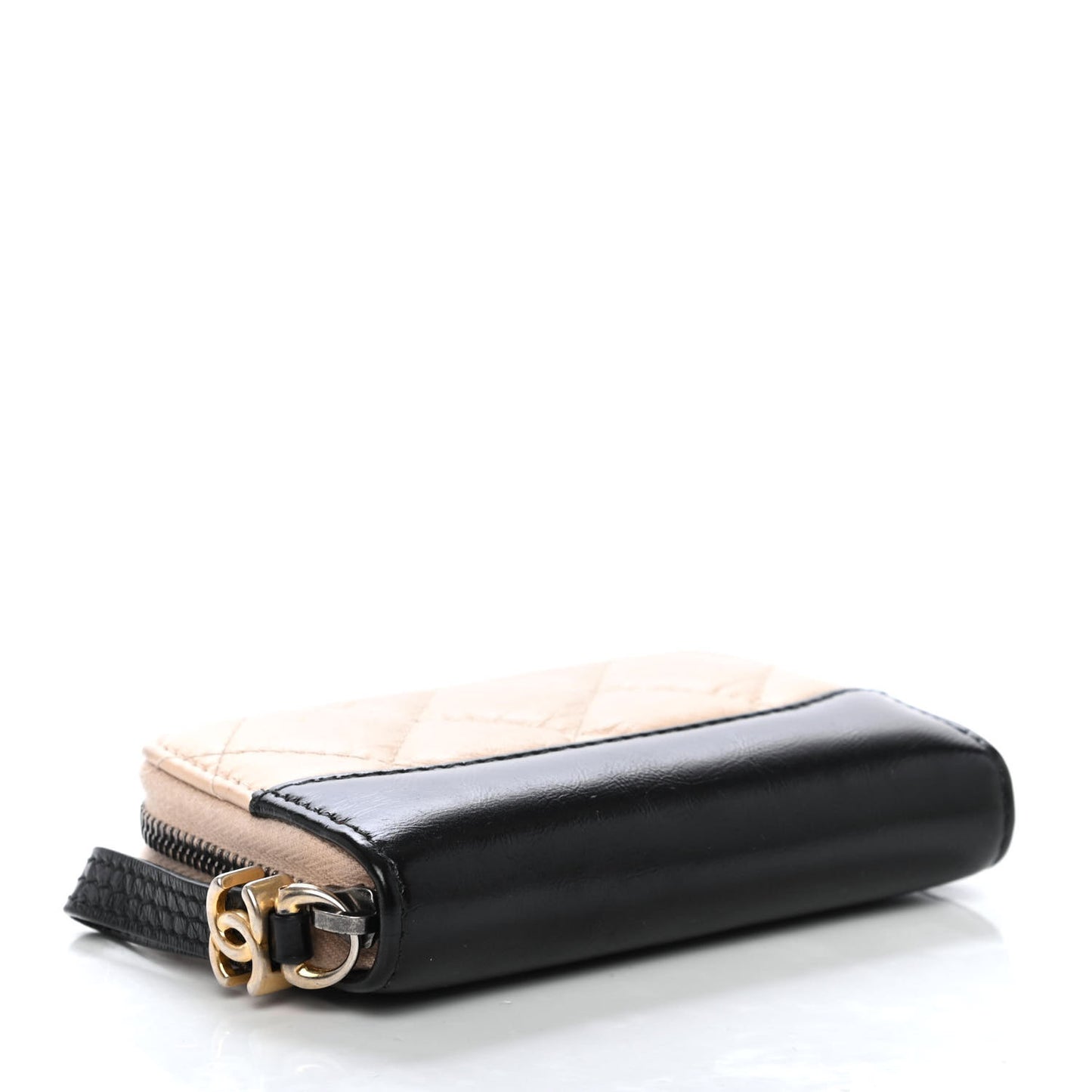 Aged Calfskin Quilted Gabrielle Zip Around Coin Purse Wallet Beige Black
