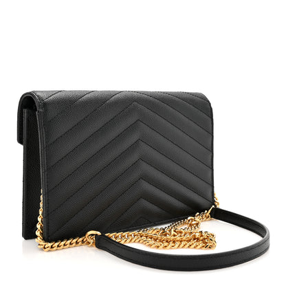 Saint Laurent Grain De Poudre Matelasse Chevron Monogram Envelope Chain Wallet Black 2 of 10