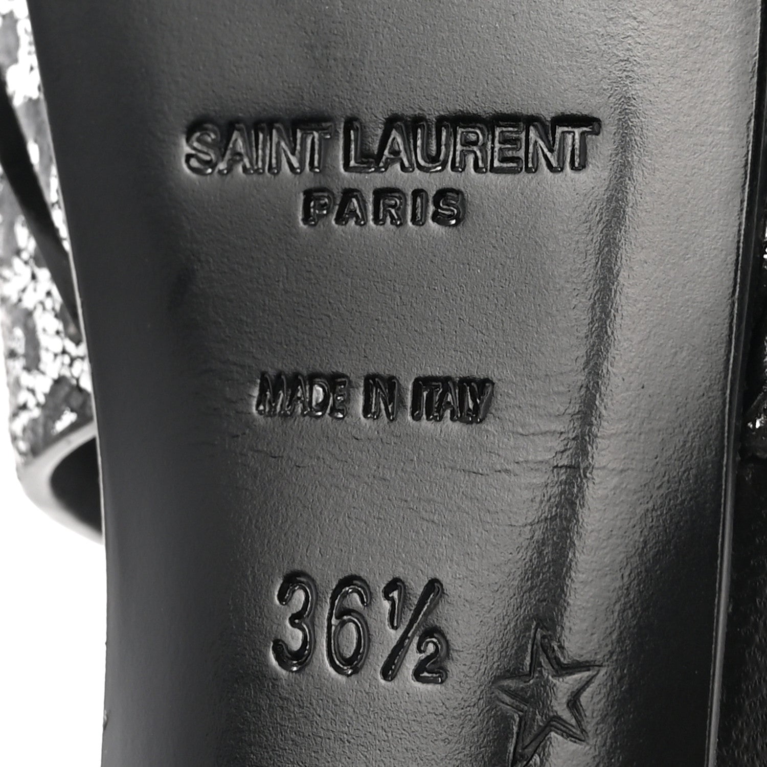 Saint Laurent Metallic Calfskin Leopard Print Tribute 105 Platform Sandals 36.5  Black Silver 7 of 10
