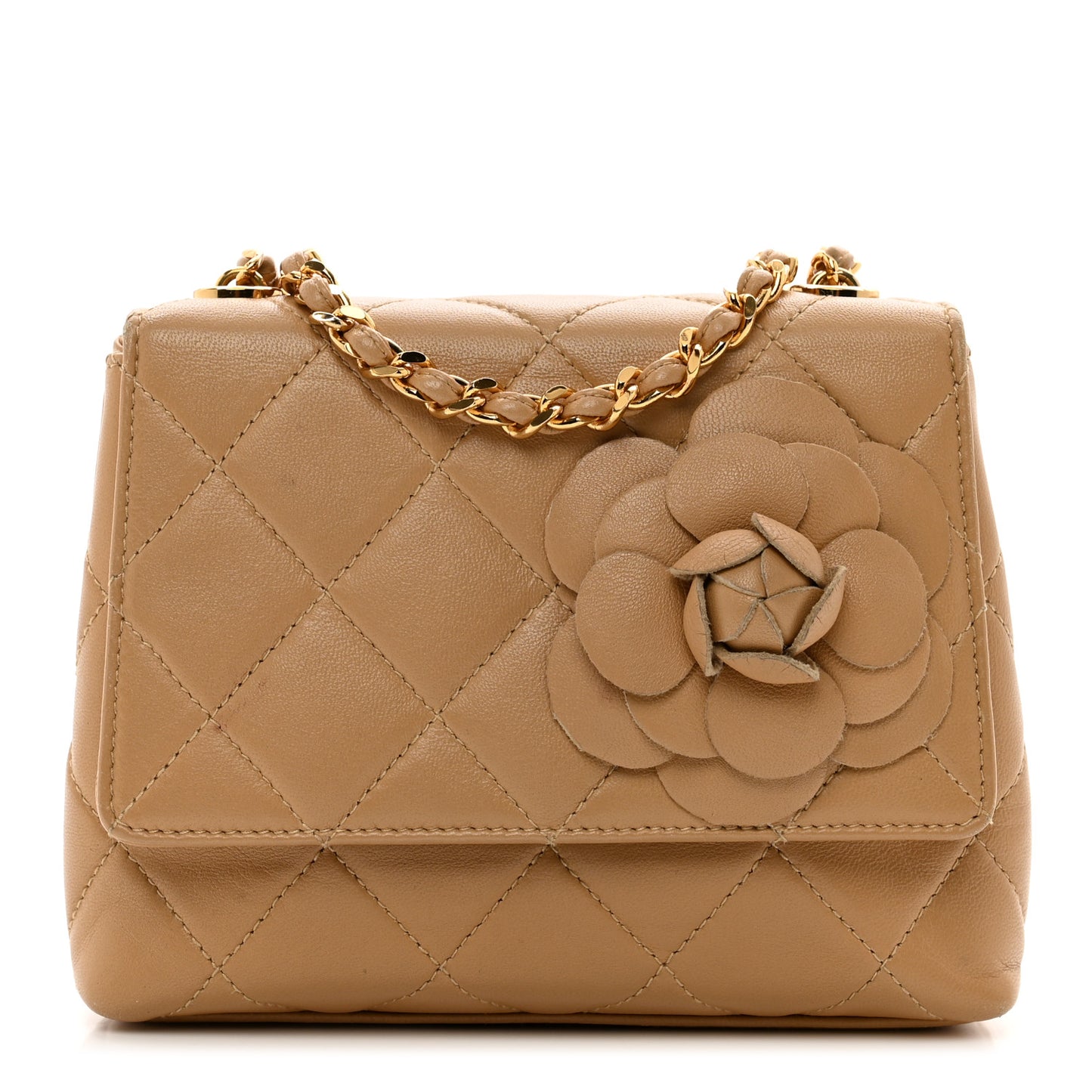 Lambskin Quilted Mini Camellia Flap Beige
