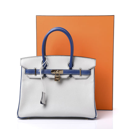 Hermes Chevre Mysore Bi-Color Horseshoe Birkin 30 Gris Perle Bleu Electrique 12 of 14