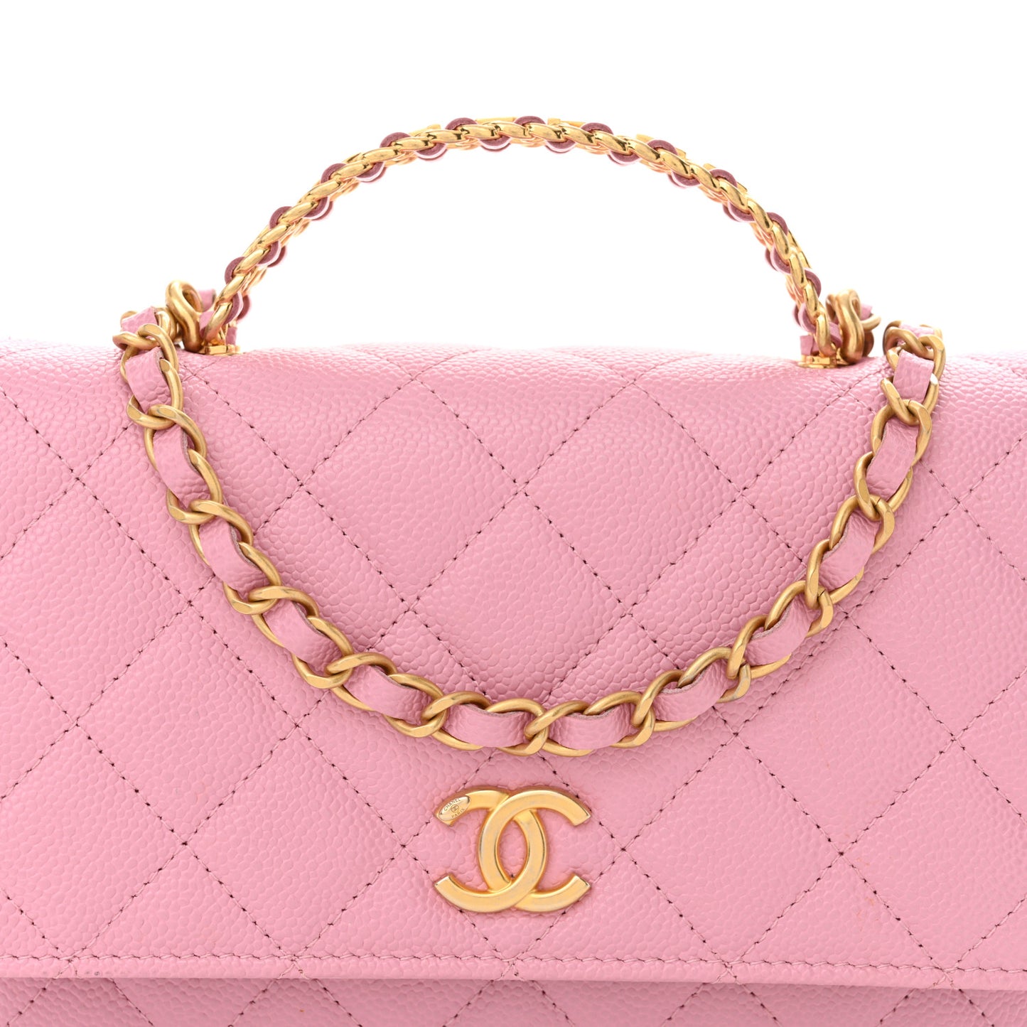 Shiny Caviar Quilted Pick Me Up Wallet On Chain WOC Pink