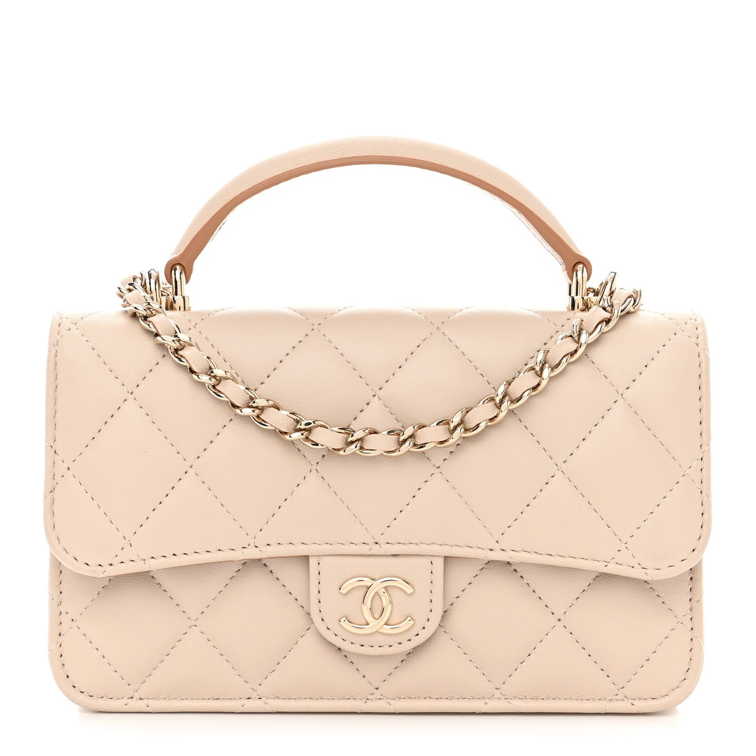 Chanel Lambskin Quilted Flap Phone Holder With Chain Beige Brown 1 of 12