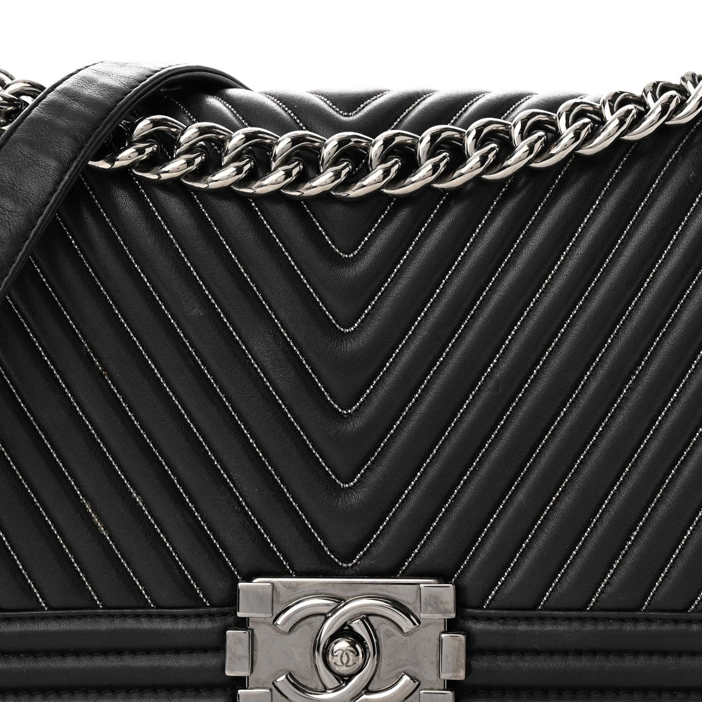 Calfskin Chevron Quilted Medium Chain Boy Flap Black