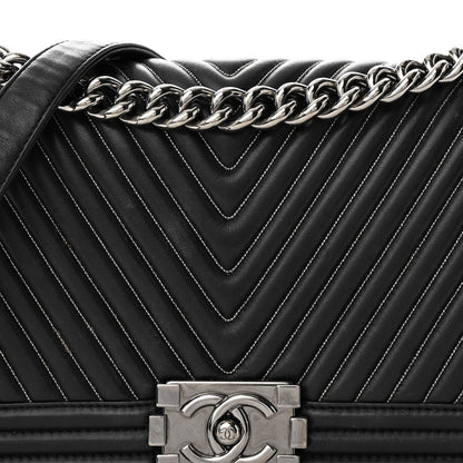 Chanel Calfskin Chevron Quilted Medium Chain Boy Flap Black 8 of 13