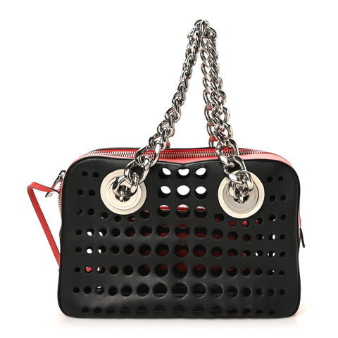 City Calfskin Perforated Chain Shoulder Bag Black Lacca