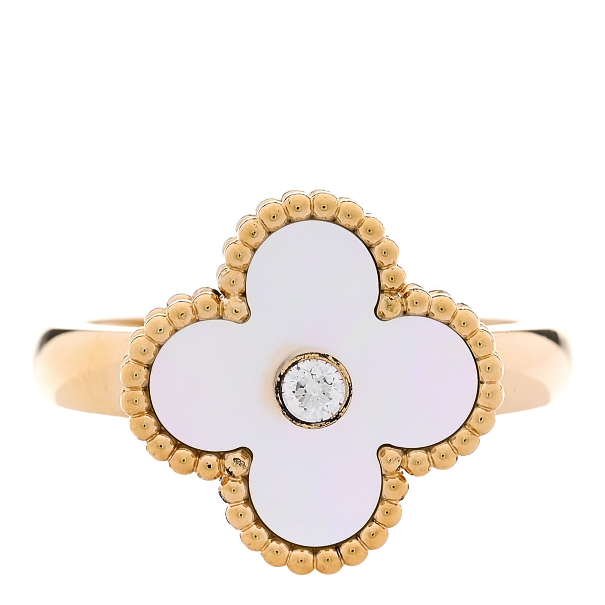 18K Yellow Gold Diamond Mother of Pearl Vintage Alhambra Ring 56 7.5