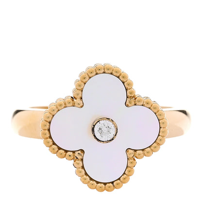 Van Cleef & Arpels 18K Yellow Gold Diamond Mother of Pearl Vintage Alhambra Ring 56 7.5 1 of 6