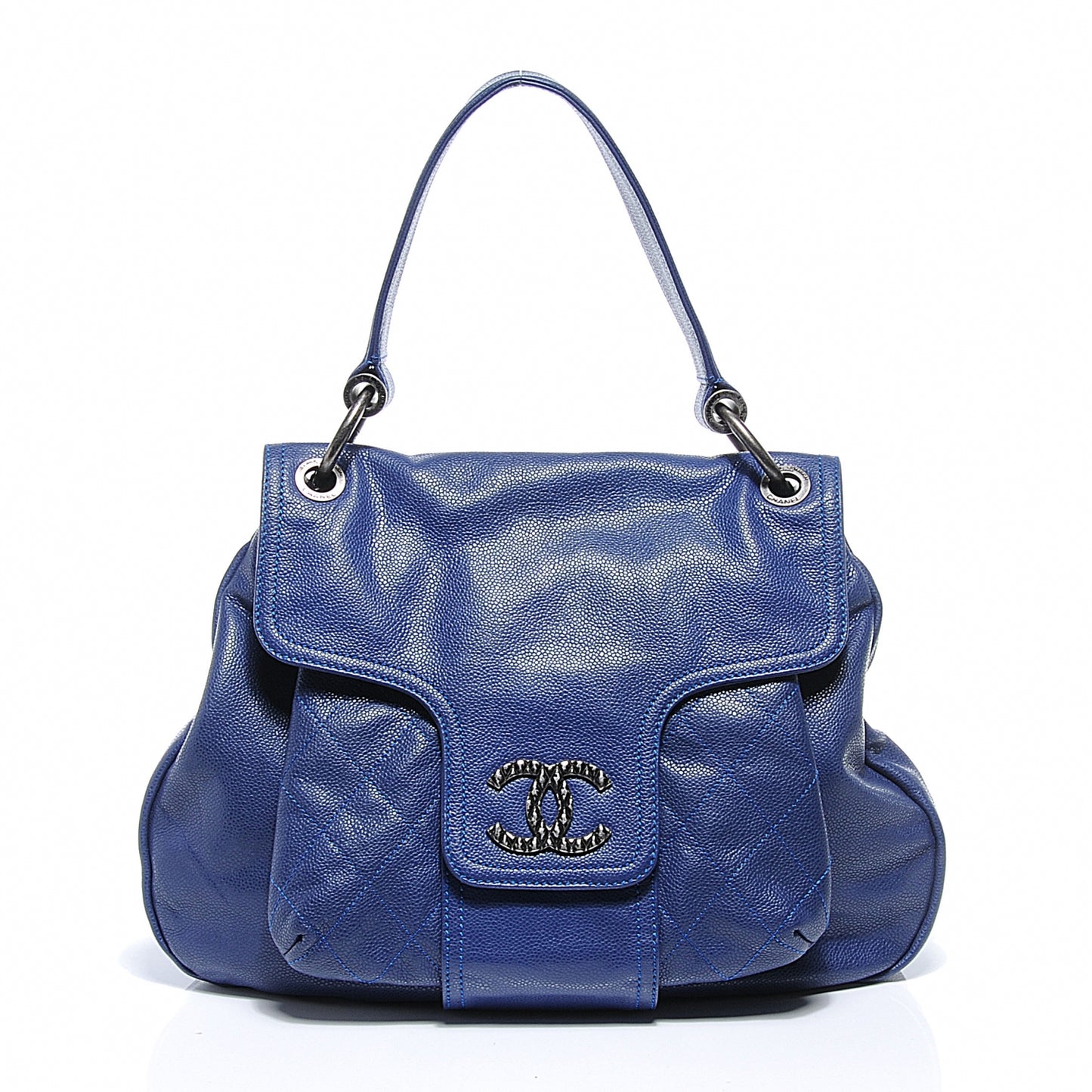 Glazed Caviar Flap Hobo Dark Blue