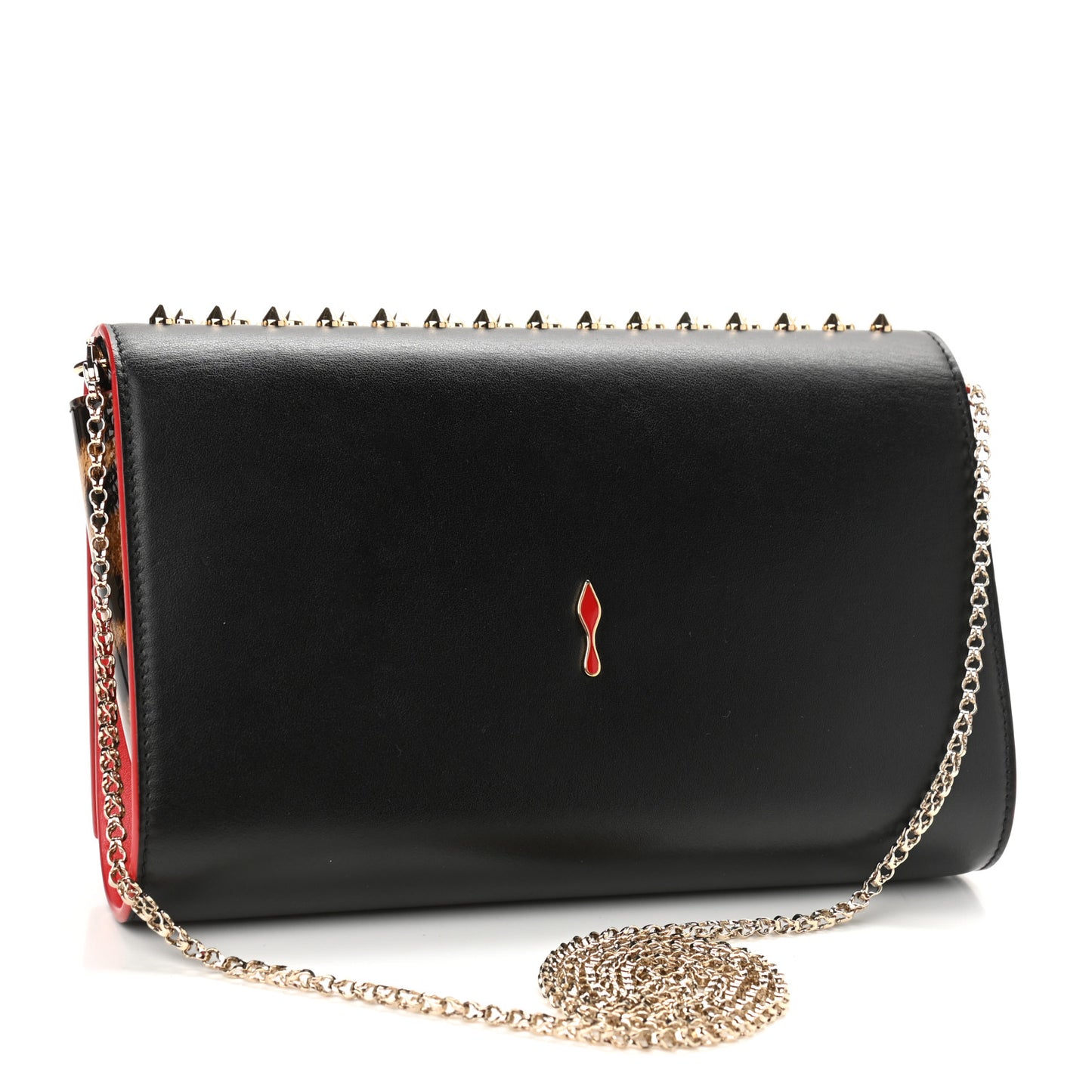 Calfskin Patent Leopard Spikes Paloma Clutch Black