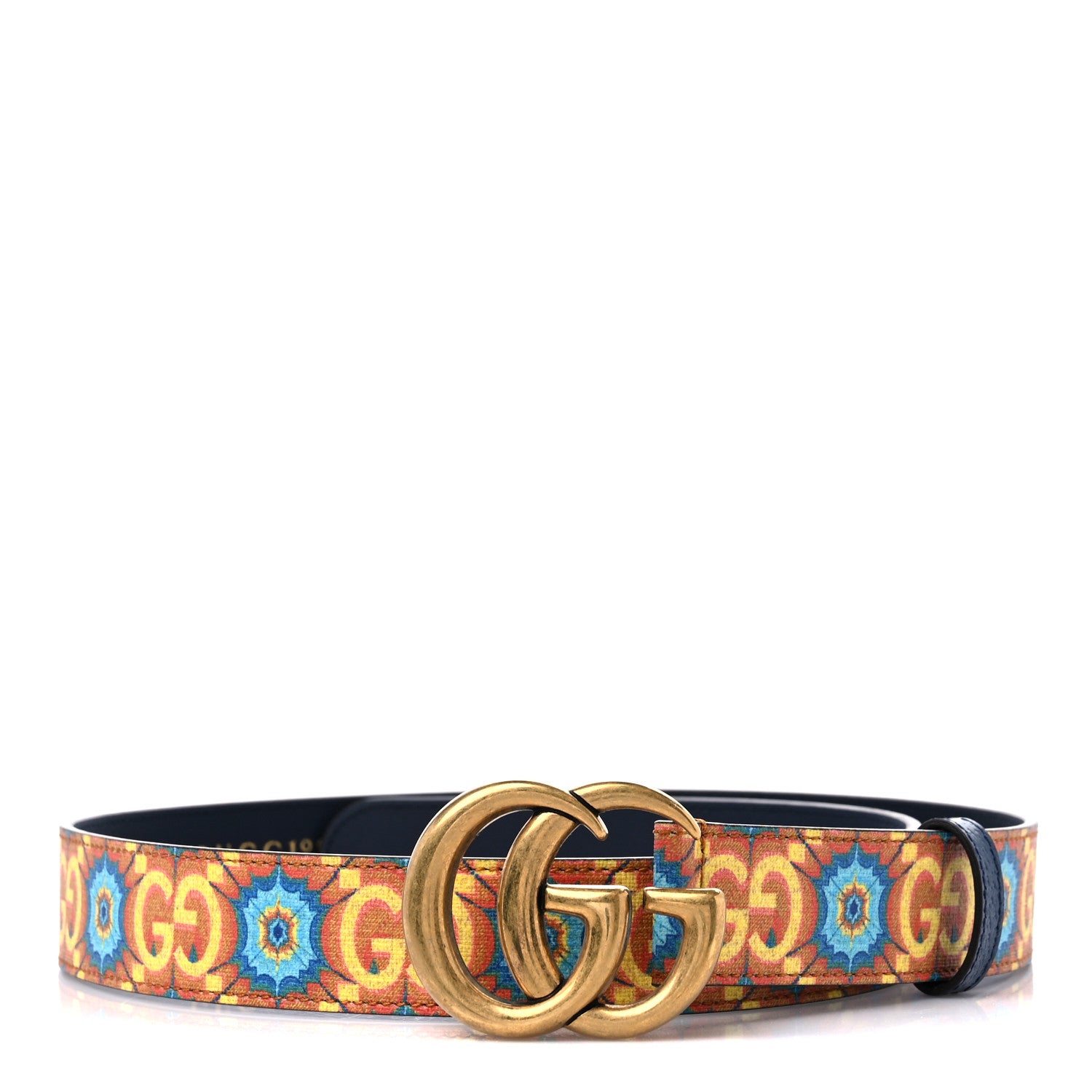 Gucci GG Supreme Monogram Kaleidoscope Double G 30mm Belt 85 34 Blue Orange Multicolor Blue Agata 1 of 5