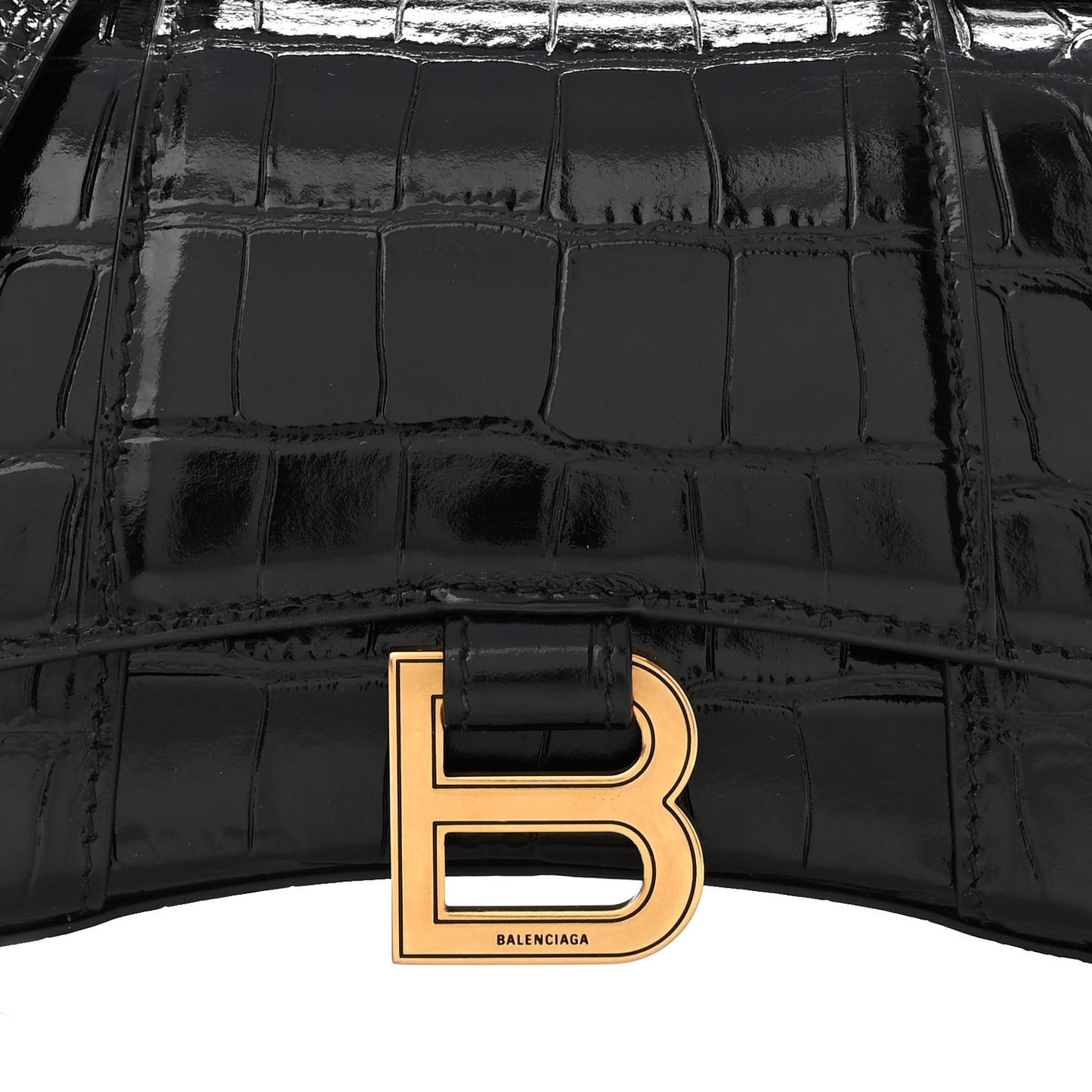Shiny Calfskin Crocodile Embossed Hourglass Top Handle Bag XS Black