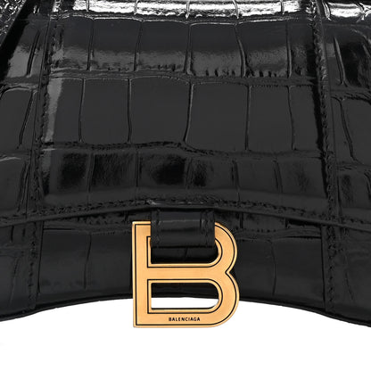 Balenciaga Shiny Calfskin Crocodile Embossed Hourglass Top Handle Bag XS Black 7 of 9