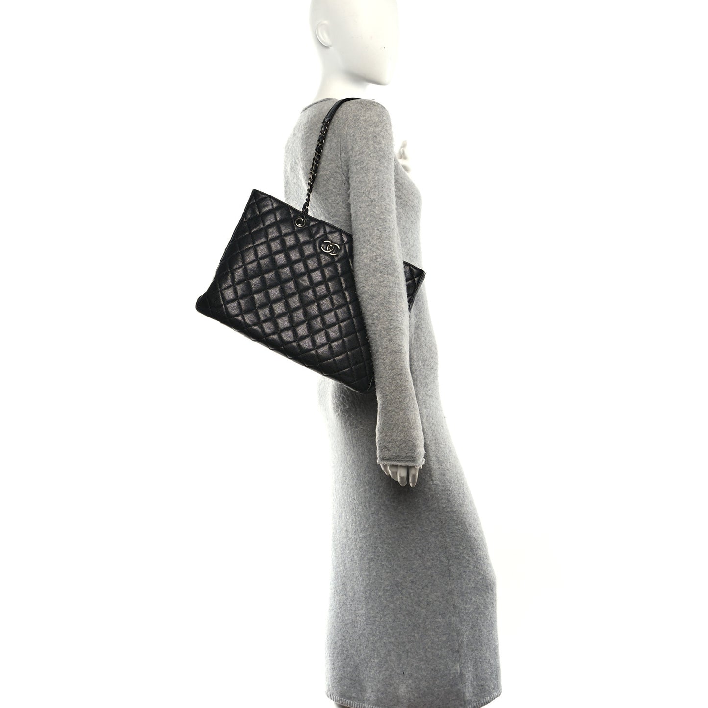 Calfskin Quilted Large CC Shopping Tote Black