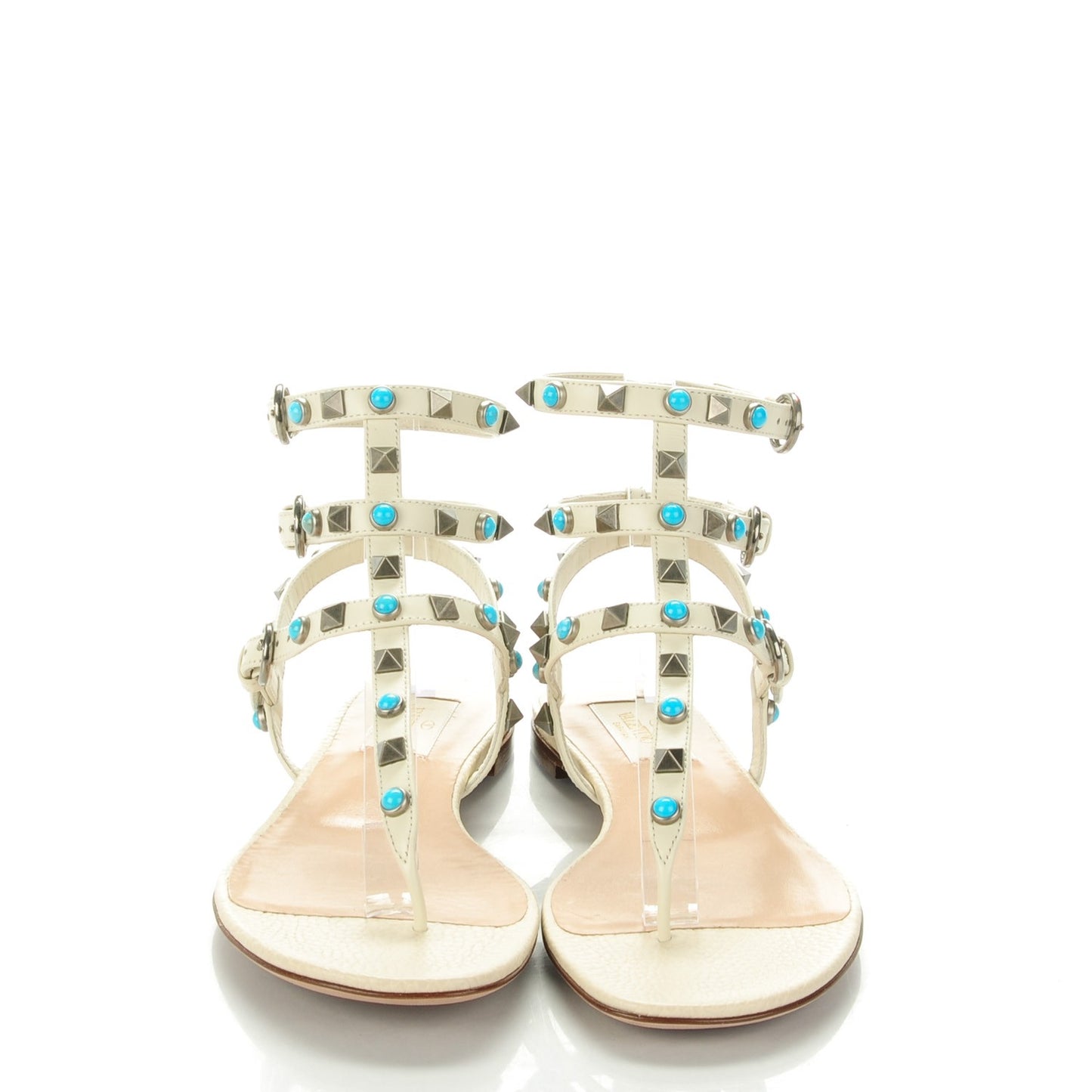 Calfskin Rockstud Rolling Ankle Wrap Flat Thong Sandals 36.5 White