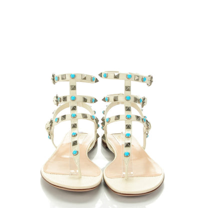 Valentino Garavani Calfskin Rockstud Rolling Ankle Wrap Flat Thong Sandals 36.5 White 2 of 8