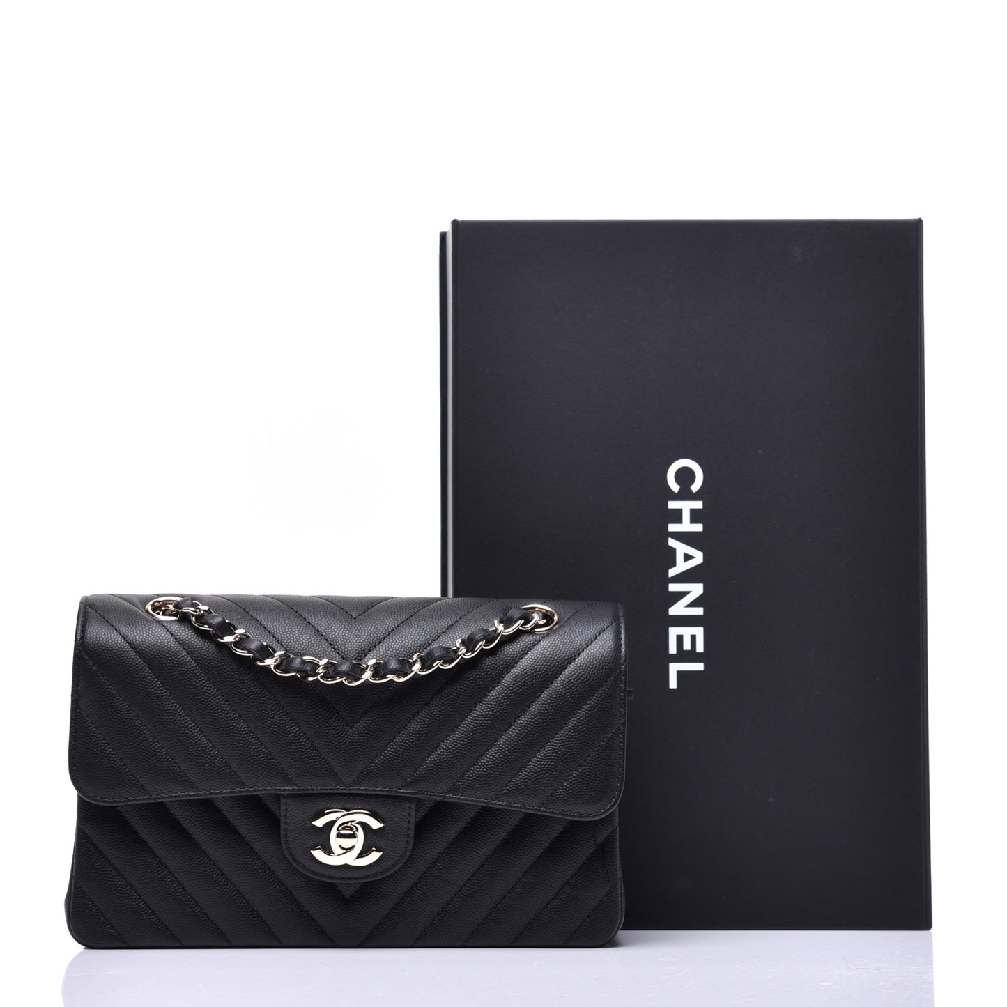 Caviar Chevron Quilted Small Double Flap Black