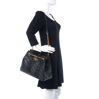 Gucci Calfskin Matelasse Medium GG Marmont Shoulder Tote Bag Black 2 of 14
