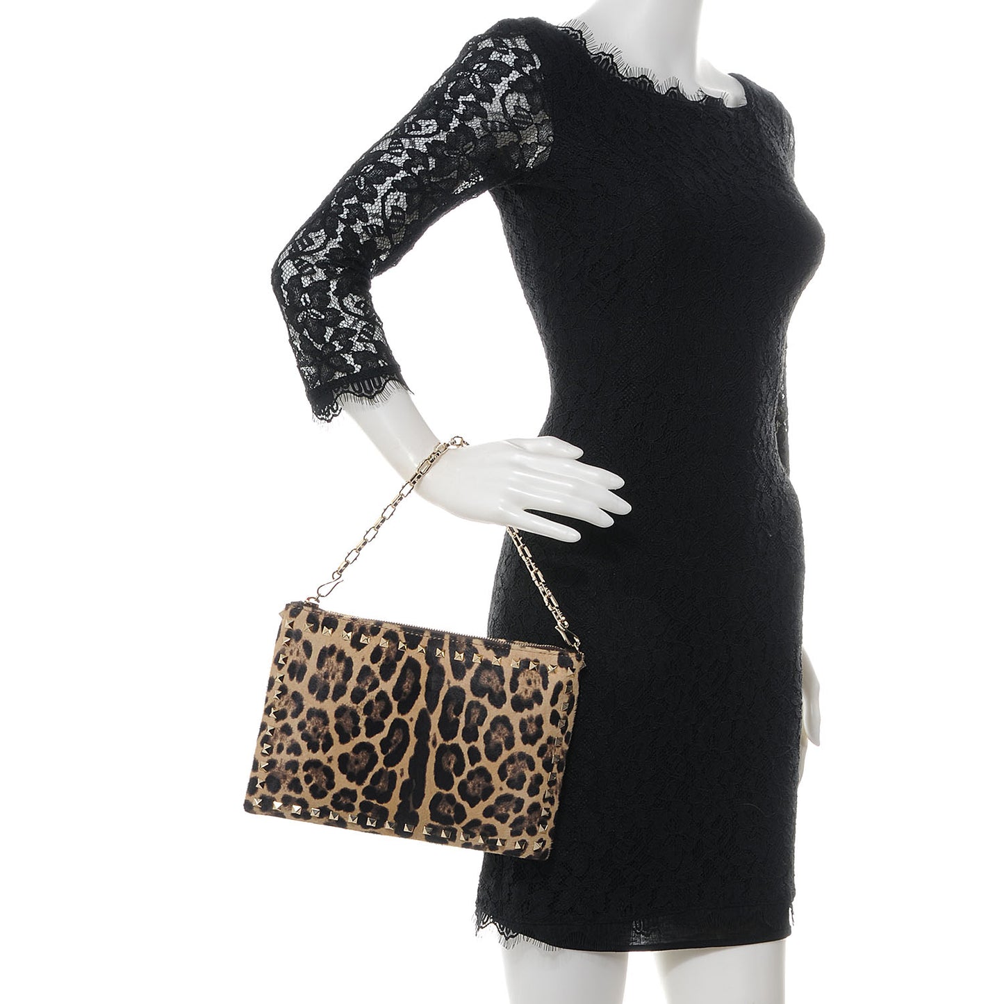 Calf Hair Leopard Print Rockstud Zip Chain Pouch Leopard