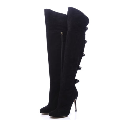 Valentino Garavani Calfskin Suede Bow Tall Boots 36.5 Black 3 of 7