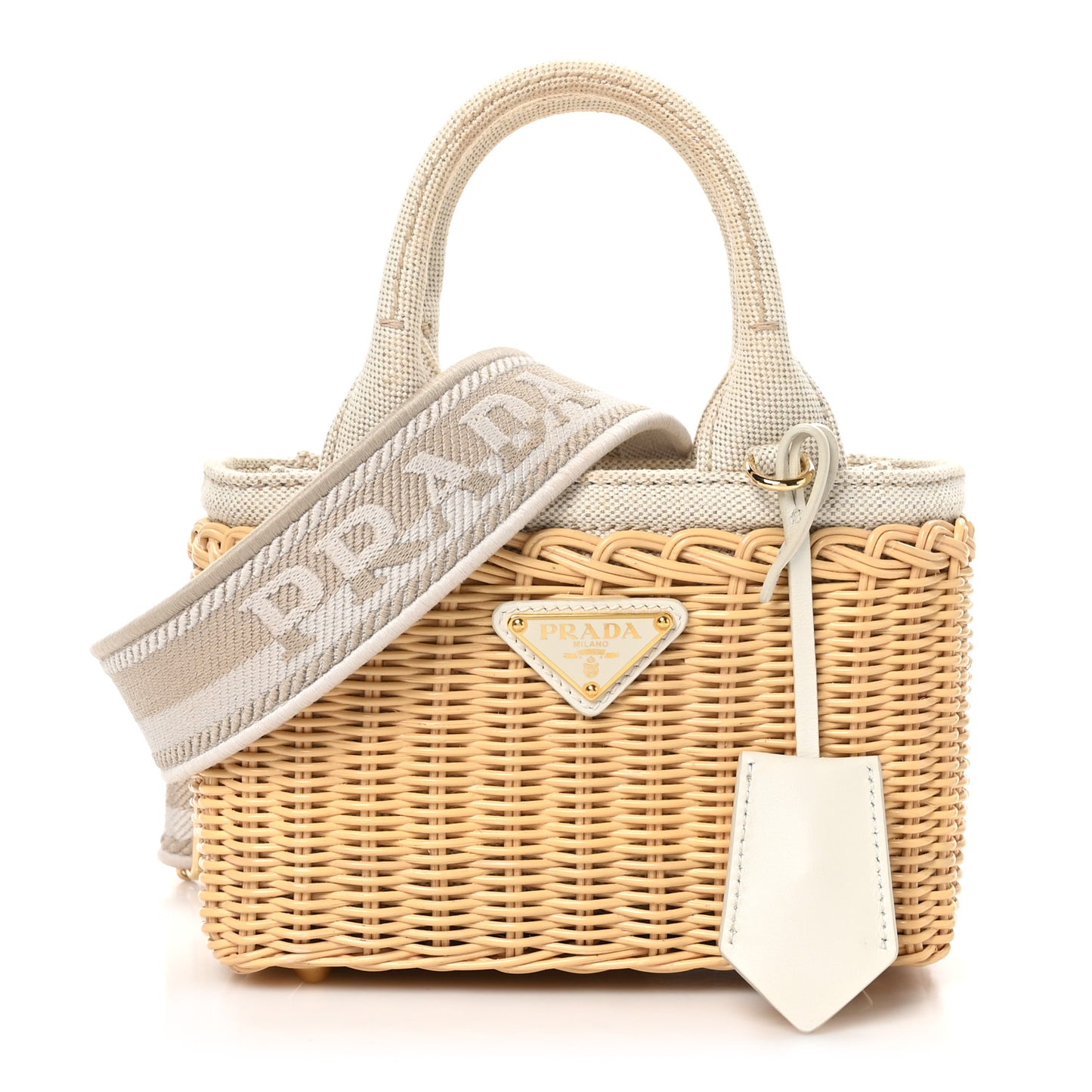 Wicker Canvas Mini Tote Tan White