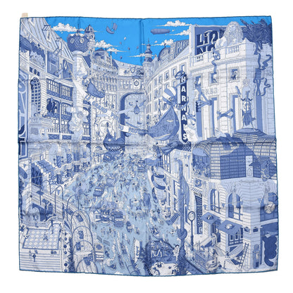 Hermes Silk Le Grand Prix du Faubourg Scarf 90 Bleu Azur Bleu Jean White 1 of 6