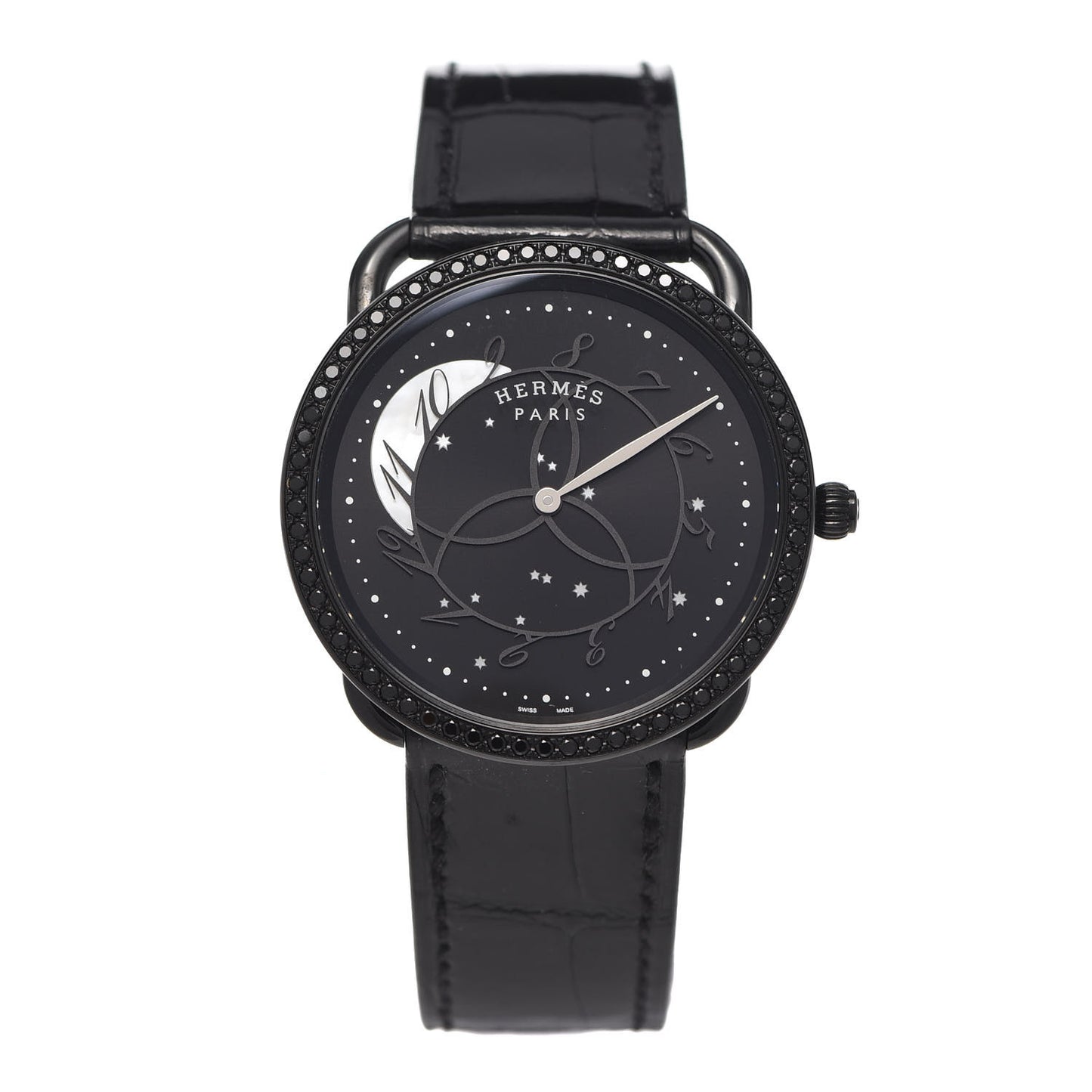 PVD Stainless Steel Alligator Black Diamond 36mm Arceau Ronde Des Heures Quartz Watch Noir