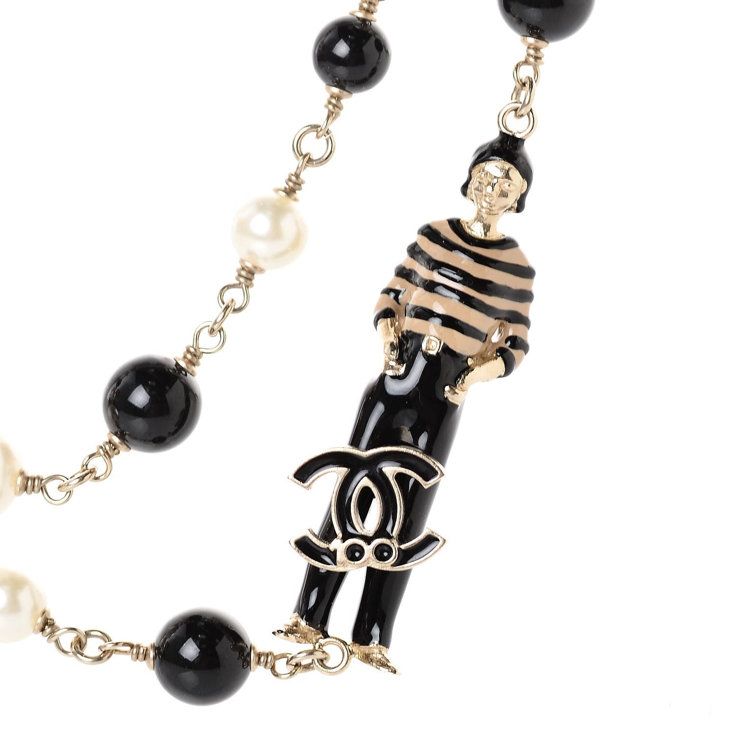 Pearl Beaded Enamel CC Coco Long Necklace Blanc Nacre Black Beige Gold