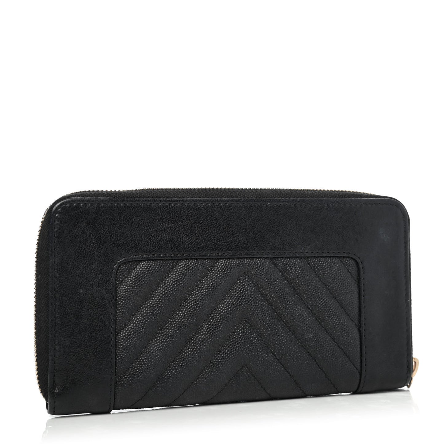 Caviar Sheepskin Chevron Quilted Mademoiselle Vintage Zip Around Wallet Black