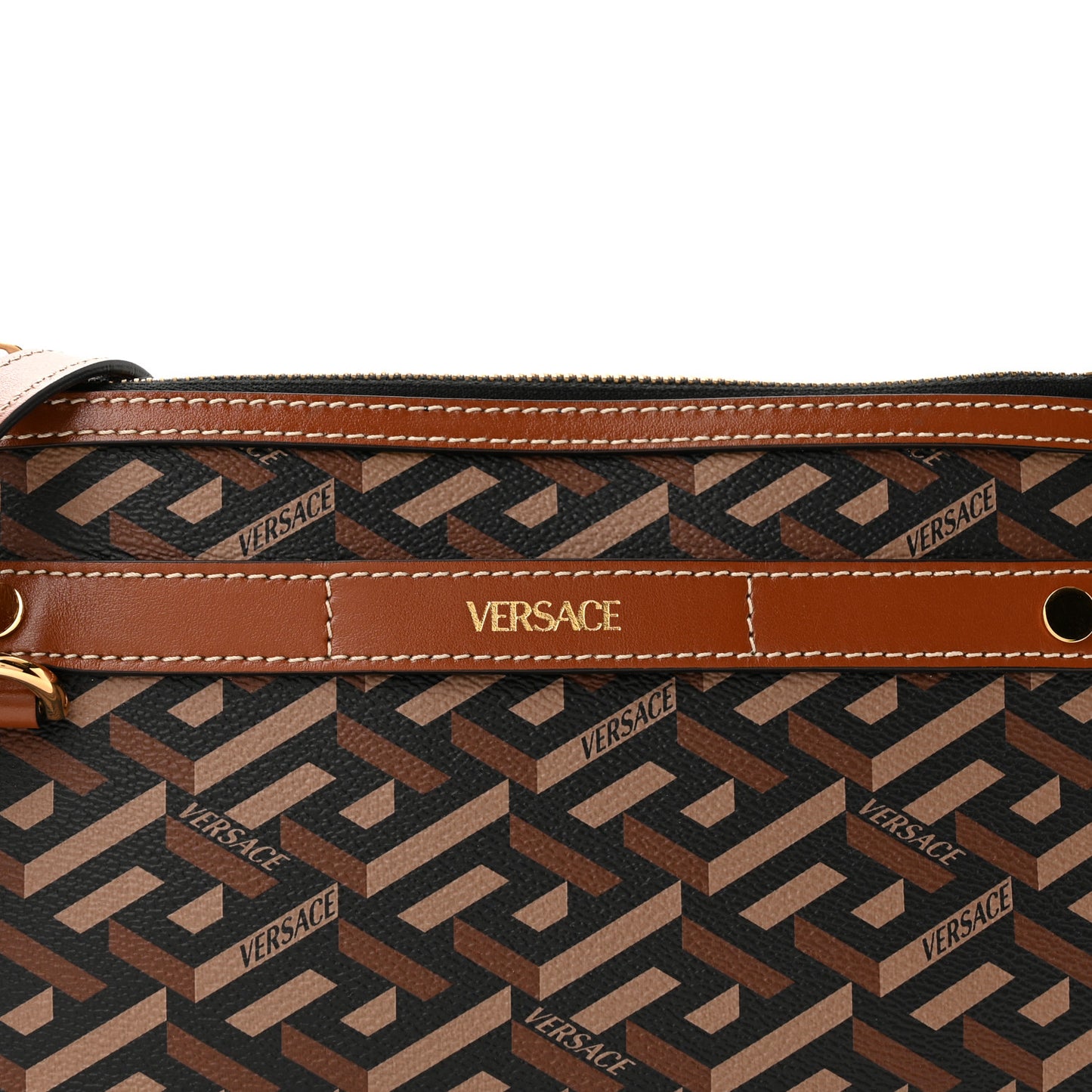 Coated Canvas Medium La Greca Signature Pouch Black Caramel