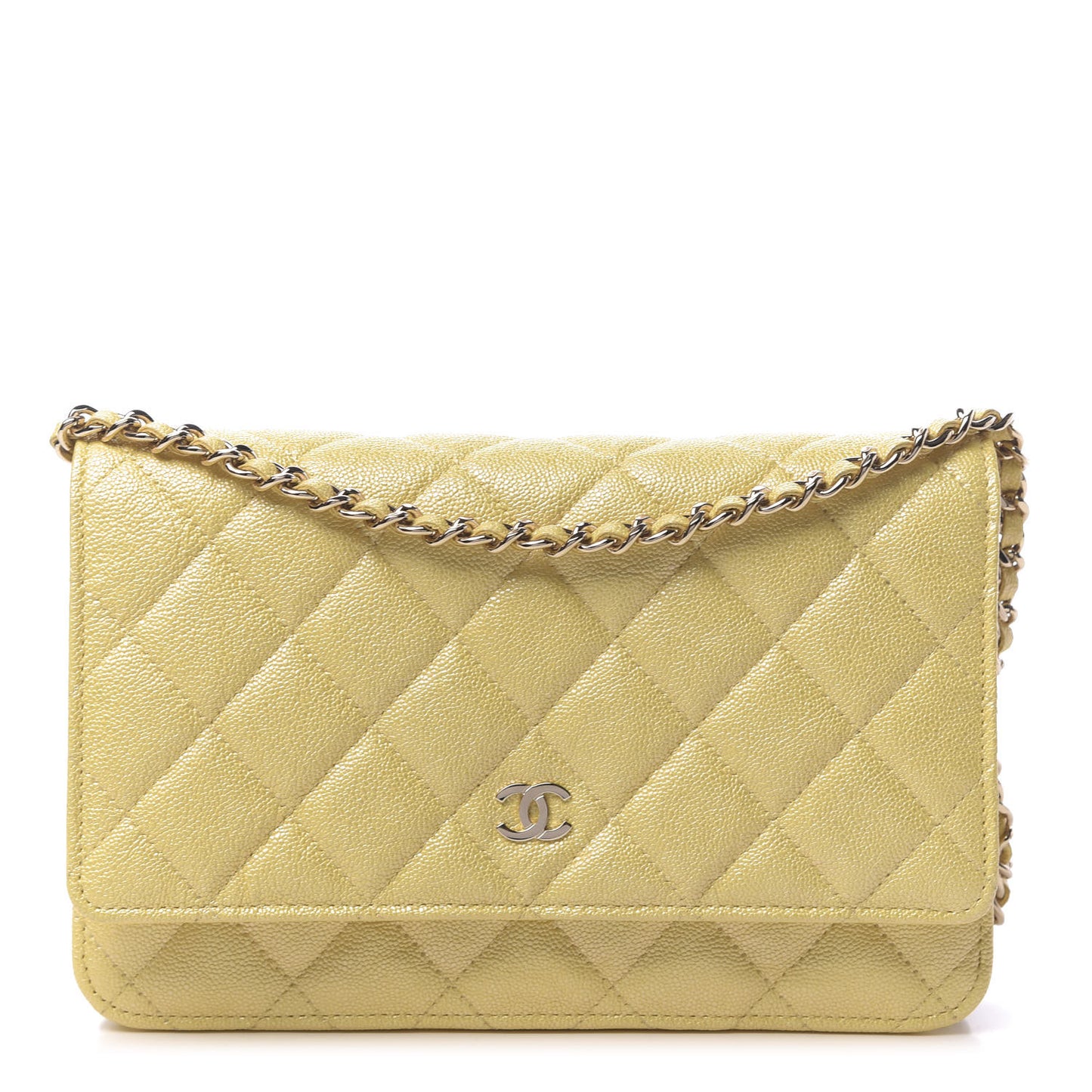 Iridescent Caviar Quilted Wallet on Chain WOC Yellow