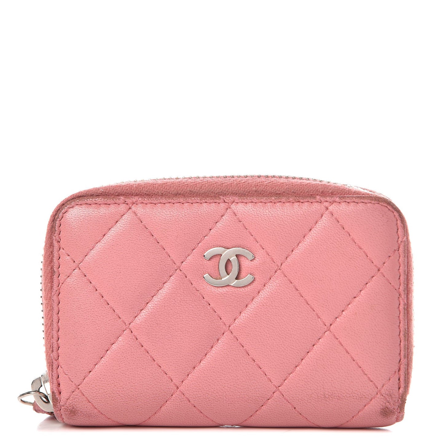Lambskin Quilted Zip Around Coin Purse Wallet Pink