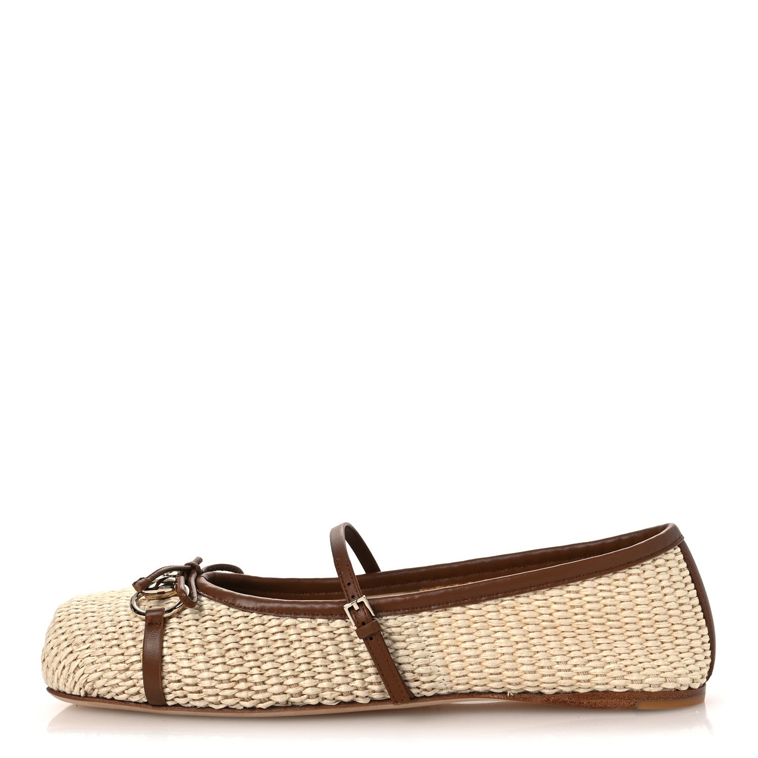 Gucci Raffia Nappa Horsebit Ballerina Flats 38.5 Natural Sundial 1 of 11