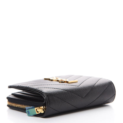 Saint Laurent Grain De Poudre Matelasse Chevron Monogram Compact Zip Around Wallet Black 3 of 8
