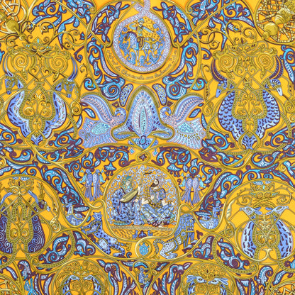 Hermes Silk La Charmante Aux Animaux Pocket Square Jaune d'Or Prune Lavande 1 of 7