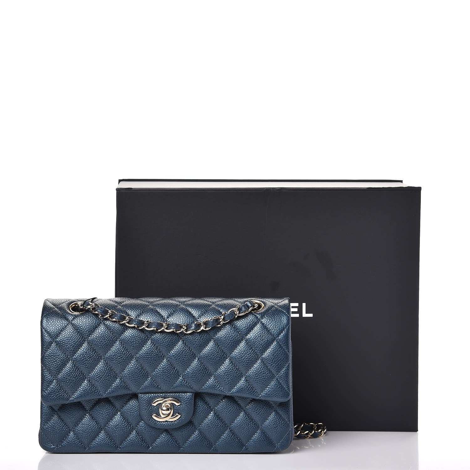 Chanel Metallic Caviar Quilted Medium Double Flap Dark Blue 9 of 9