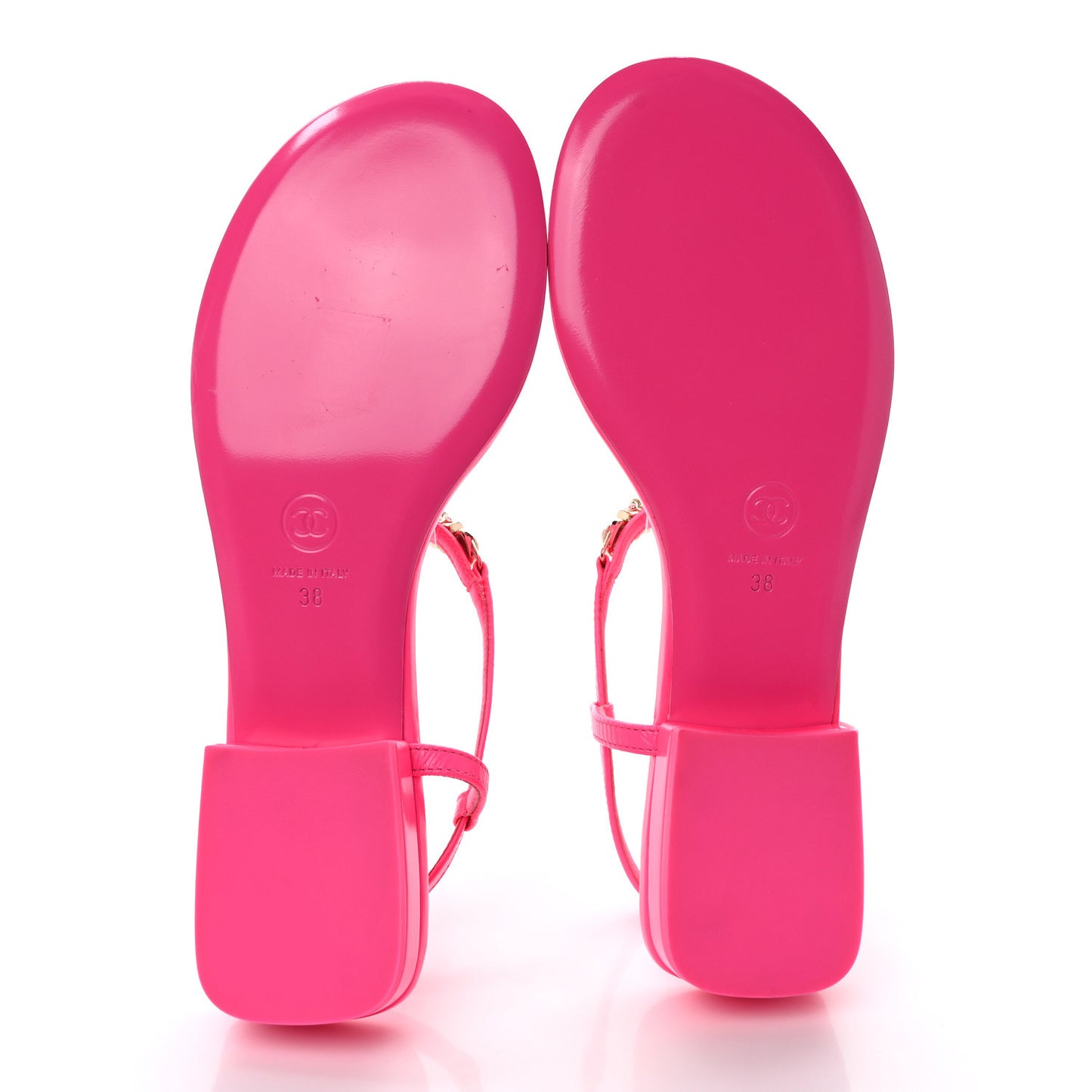 Shiny Lambskin Pearl Crystal CC Heart Thong Sandals 38 Neon Pink