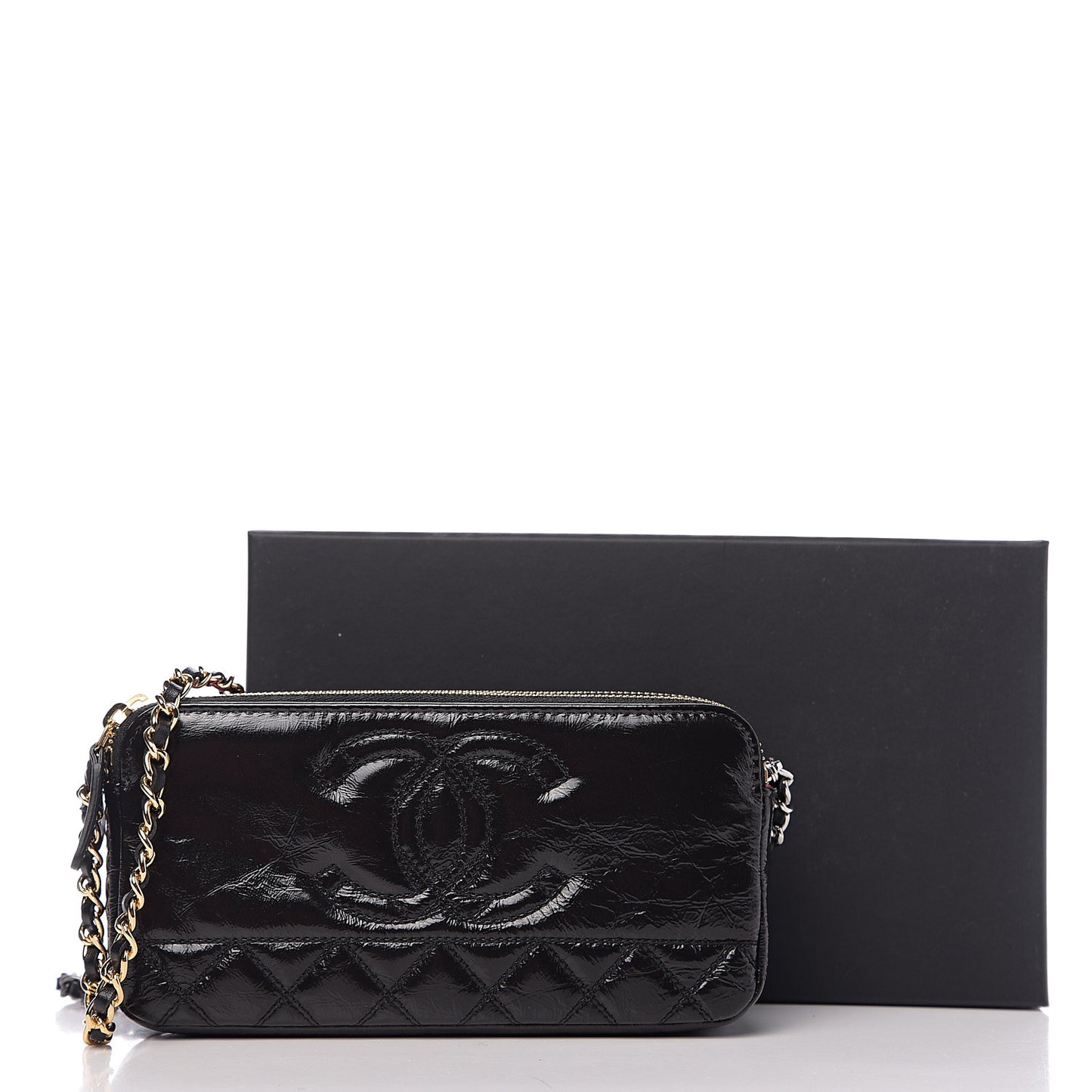 Glazed Aged Calfskin Quilted CC Small Clutch With Chain Black