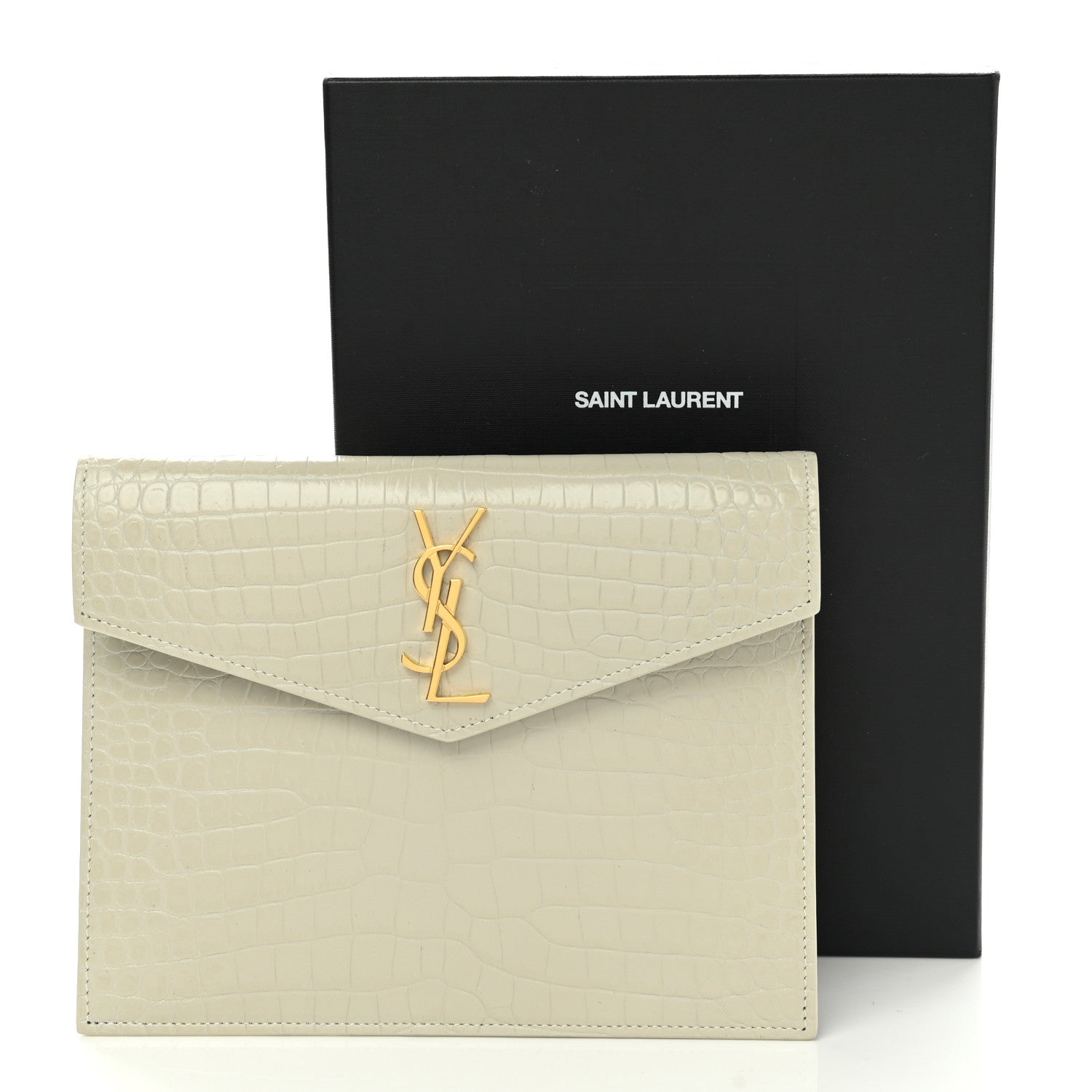 Saint Laurent Calfskin Crocodile Embossed Monogram Uptown Baby Pouch Perle 8 of 8