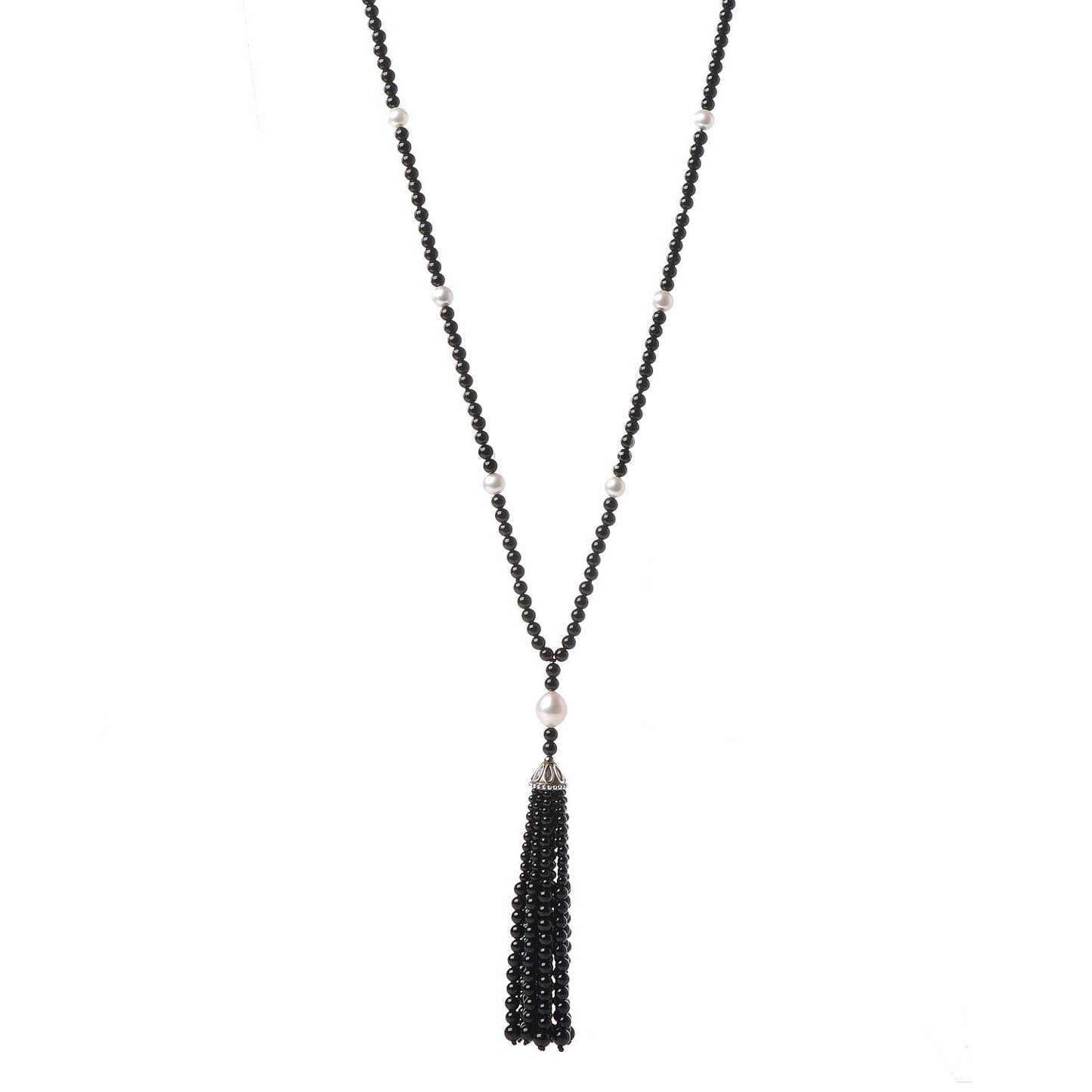 Sterling Silver Black Onyx Freshwater Pearl Ziegfeld Tassel Necklace