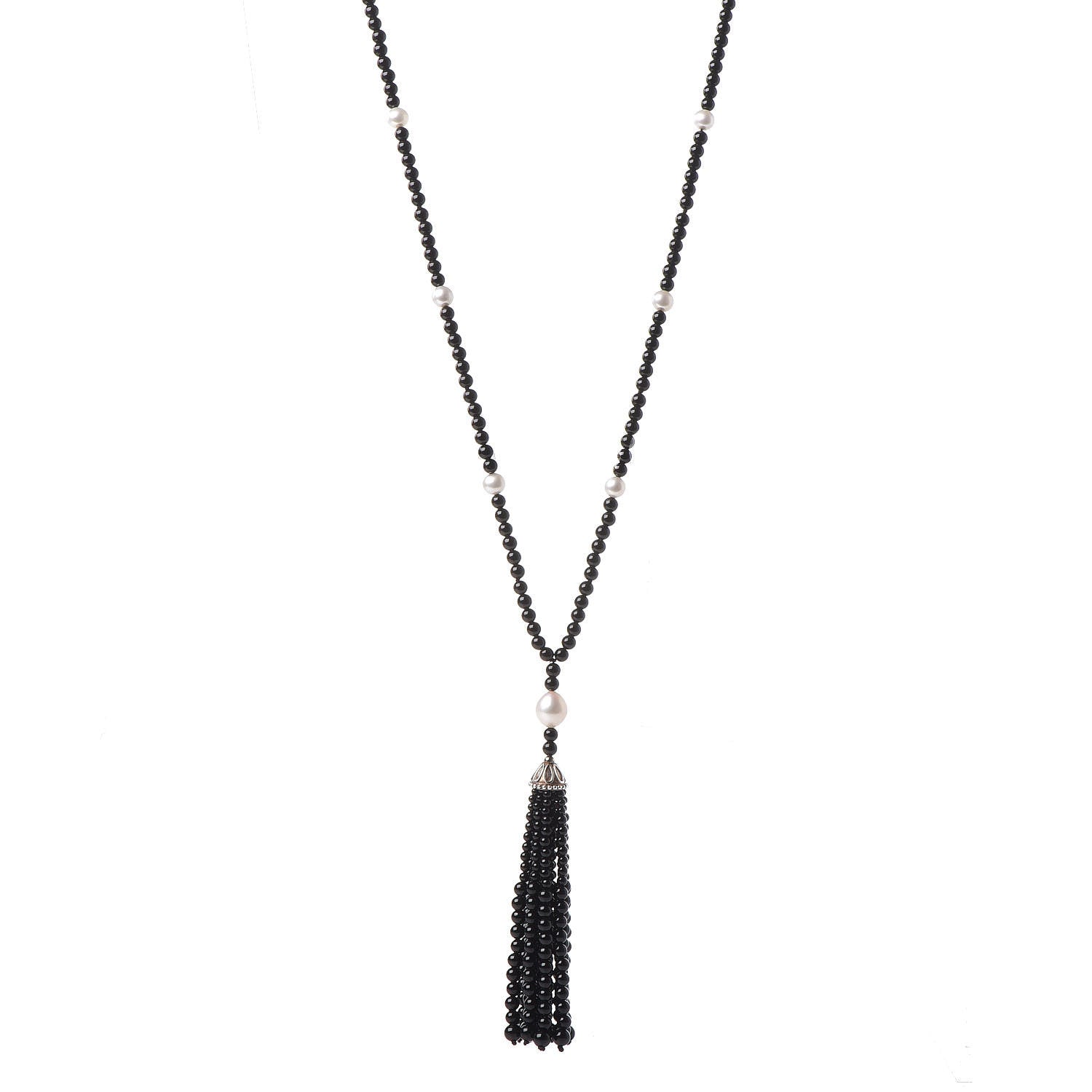Tiffany Sterling Silver Black Onyx Freshwater Pearl Ziegfeld Tassel Necklace 1 of 5