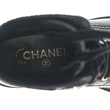 Chanel Shiny Calfskin Velvet Pearl Combat Short Boots 39 Black 7 of 10